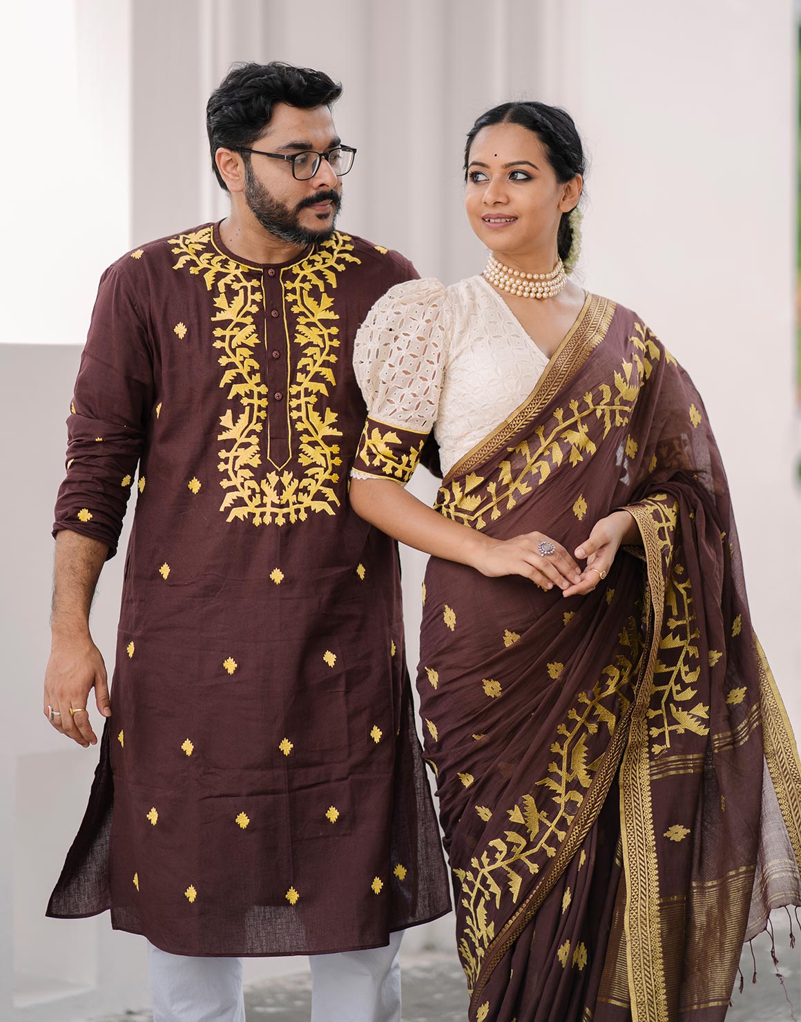 Rig Master Half Silk Jamdani Saree and Soft Cotton Panjabi For Couple -  Black and Pink - RM-C-004